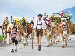 Almabtrieb in Reith Vater Sohn | © Alpbachtal Tourismus